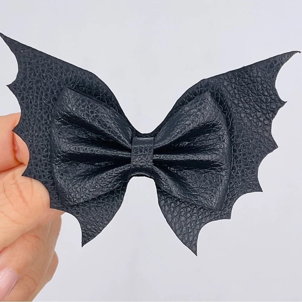 Halloween Bow Barrettes Set of 2 Bats Faux Leather Clip Costume Cosplay Party 4”